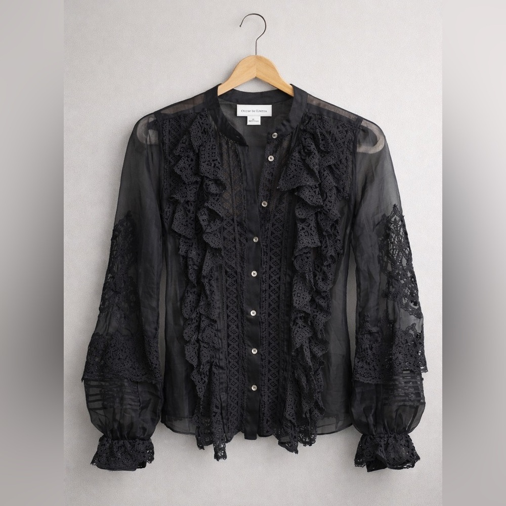 Oscar de la Renta Vintage Silk Organza Lace Blouse Black Sheer Ruffle Top sz 4 - Picture 2 of 10